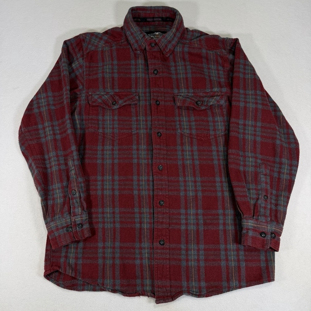 Harley Davidson Plaid Flannel Long Sleeve Button Shirt Mens Medium Red Gray - Picture 2 of 6